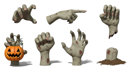 A collection of zombie hands with various gestures and expressions.
