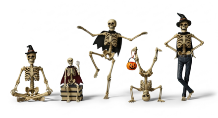 A group of five skeleton figures in various poses and attire, including a witch, a vampire, and a man in a hat, against a white background.
