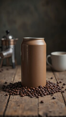 Iced mocha latte in a can surrounded by aromatic coffee beans on rustic wooden table, perfect for coffee lovers, cafes, and delicious coffee breaks
