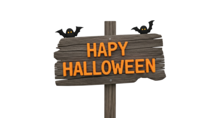 A wooden sign with the text 'Happy Halloween' and two cartoon bats on it.