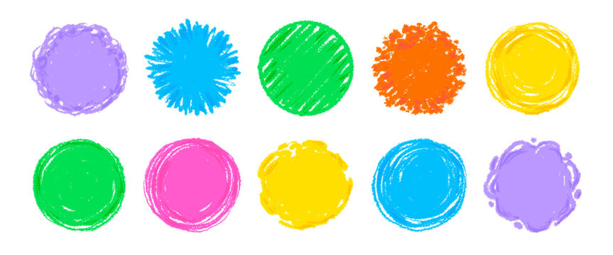 Crayon circle shape frame set. Hand drawn sketch brush line round childish shape. Children color crayon brush stroke frames. Scribble hand drawn grunge doodle color circle set. Vector illustration