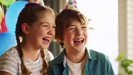 Happy children wearing party hats laugh. - Powered by Adobe