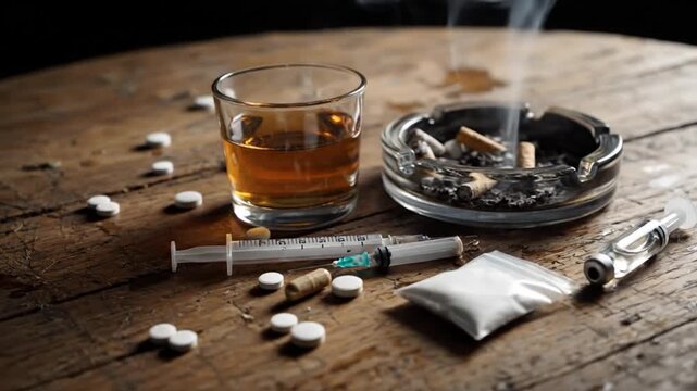 Addiction Crisis Concept with Cigarette Butts in Ashtray near Alcohol Glass and Syringe with Needle and Pills on Rustic Wooden Table Top Showing Substance Abuse and Vice