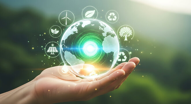 A hand holding a glowing digital globe with icons representing renewable energy, sustainability, and environmental protection concepts