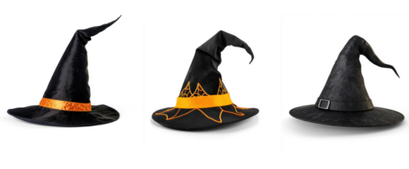 Collection of black witch hats with orange ribbons and buckles on a white background.