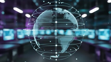 Global Network Technology Futuristic Digital Earth Globe With Connecting Lines Orbiting In A Dark Server Room With Blurry Computer Screens In The Background - Powered by Adobe