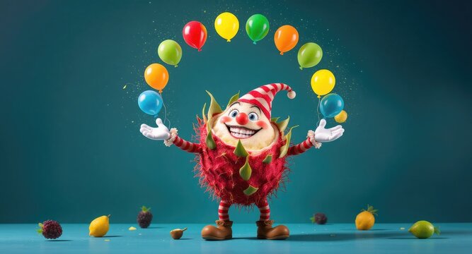 Smiling dragon fruit clown juggling colorful balloons