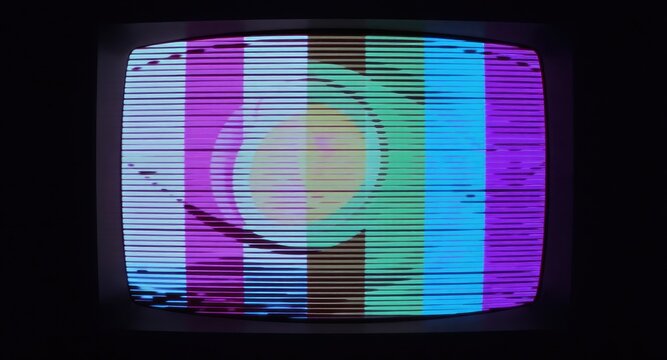 Vintage TV screen, colorful static, distorted image