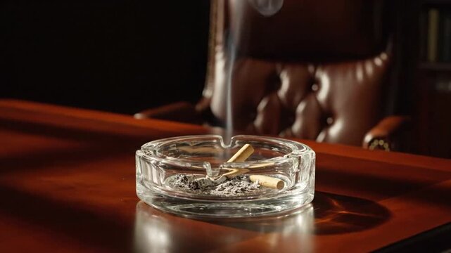 Crystal Ashtray with Cigarette Butts and Rising Smoke on a Polished Wooden Desk under Dramatic Lighting in a Luxurious Interior Setting with a Large Leather Chair Background