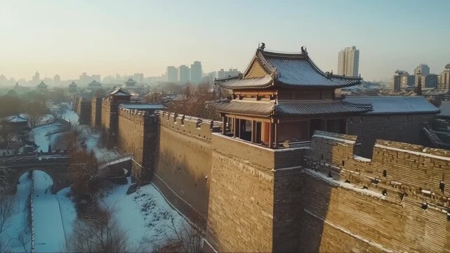 Historic city wall of Xi'an covered in snow during winter light with city skyline in background