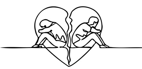 Unhappy young couple standing arms crossed. Family conflict. Break up relationship. Married couple man woman angry, sad against broken heart. Single line draw design vector