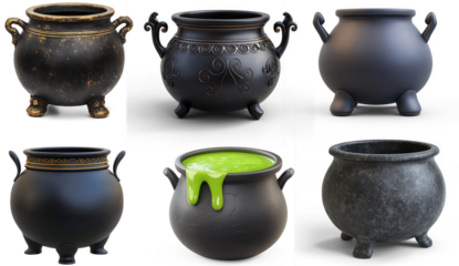 Set of black and gold cauldrons with green liquid inside, arranged in a grid.