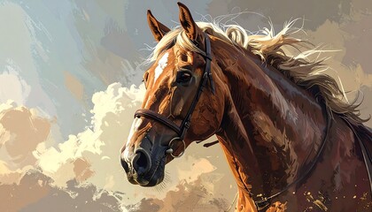 Obraz premium A digital painting of a horse with rich brown coat, mane, and bridle