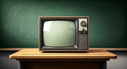 Step Back in Time with this Retro Television on a Wooden Desk against a Vintage Chalkboard Perfect for Nostalgic Projects and Educational Content