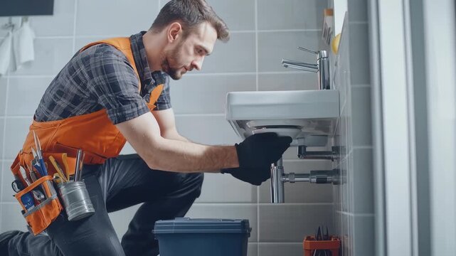 Skilled plumber repairs sink in modern bathroom during daytime