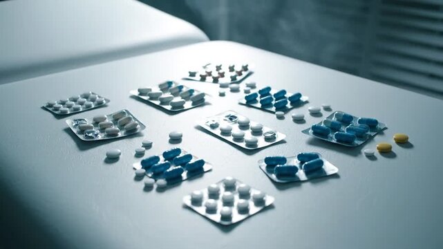 Pharmaceutical Blister Packs Containing Various Pills on a White Surface with Medical Theme in a High Angle View with Shadow Casting and Clinical Lighting and Focus
