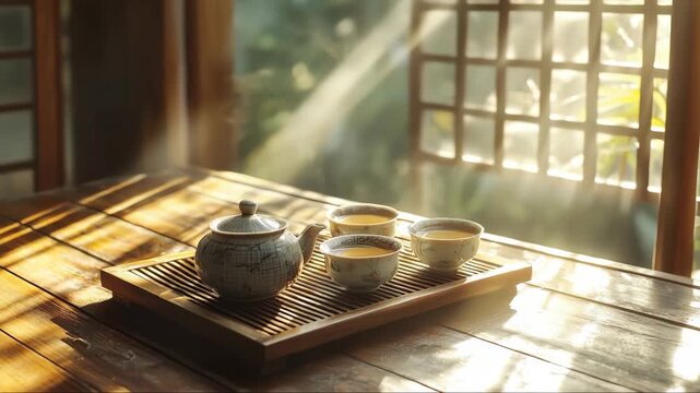 Serene tea time in a tranquil setting with soft sunlight filtering through a wooden lattice