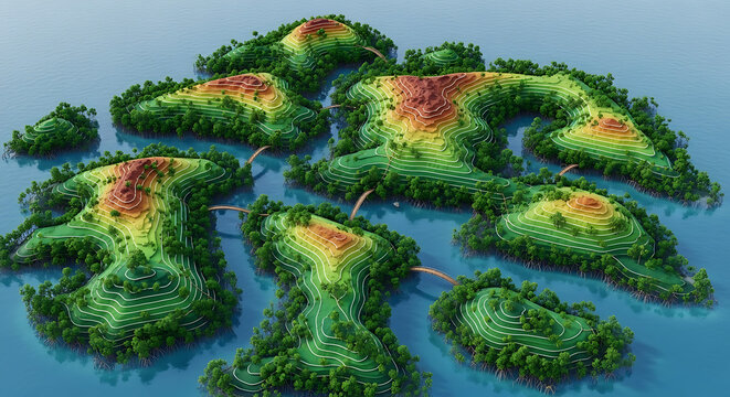 Islands interconnected with trees, heightmap, and water for a landscape