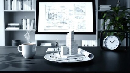 Architectural Design Workspace with Building Models and Blueprint on Computer Screen in Bright Lit Room with Coffee Cup, Offering Template for Real Estate Promotions and Modern Living Concepts - Powered by Adobe