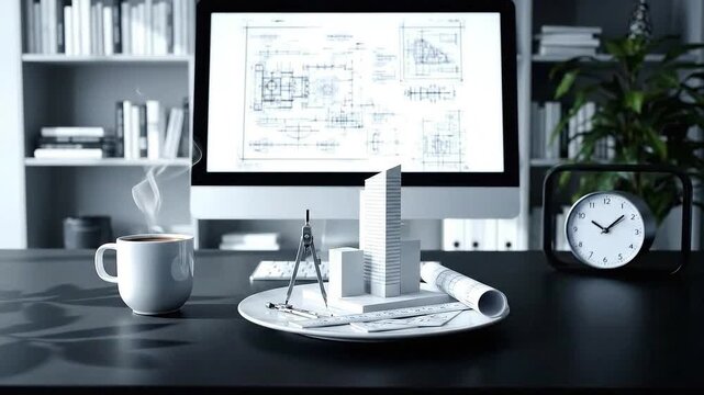 Architectural Design Workspace with Building Models and Blueprint on Computer Screen in Bright Lit Room with Coffee Cup, Offering Template for Real Estate Promotions and Modern Living Concepts - Powered by Adobe
