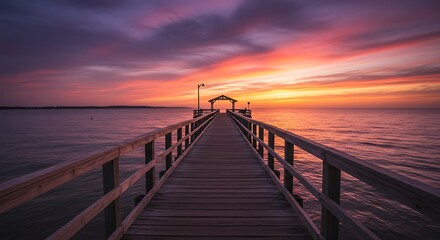 Fototapeta premium Wooden pier extending into tranquil water at sunset with vibrant colors in the sky