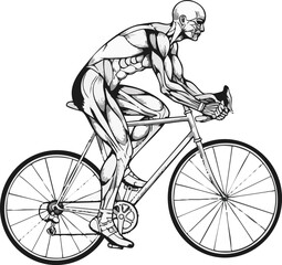 Anatomical illustration of a muscular cyclist in profile, actively riding a road bicycle with exposed muscle structure.
