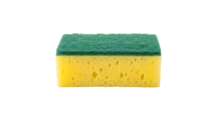 Closeup of a yellow and green dish sponge isolated on transparent background, perfect for cleaning, scrubbing, and maintaining a tidy kitchen space