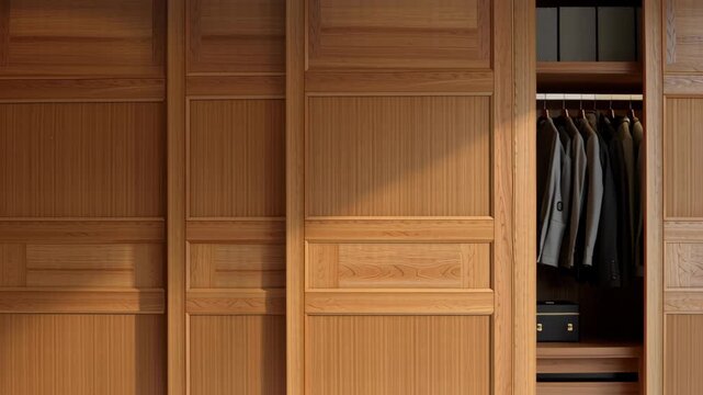 A bedroom with a wooden closet and a bed. The bed is covered with a gray blanket and a gray pillow. Teak wood wardrobe with sliding doors, clean craftsmanship, furniture modern bedroom interior