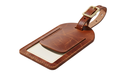 Elegant brown leather luggage tag isolated on transparent background, perfect for identifying your baggage in style and ensuring safe travels