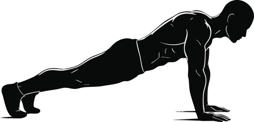 A black silhouette illustration of a fit, muscular man performing a push-up or holding a high plank position against a plain white background.
