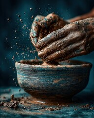 Close-up of potter shaping wet clay on a spinning wheel in studio light, showing texture, focus, and artistry in motion.