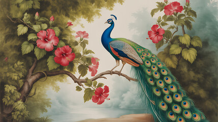 Illustration of a Mughal garden arch with plants and peacocks designed in a traditional Islamic vector pattern for invitations