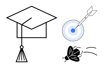 Graduation cap for education success, dart hitting bullseye for goal accomplishment, and flying insect for persistence. Ideal for education, achievement, focus, success, learning, self-discipline