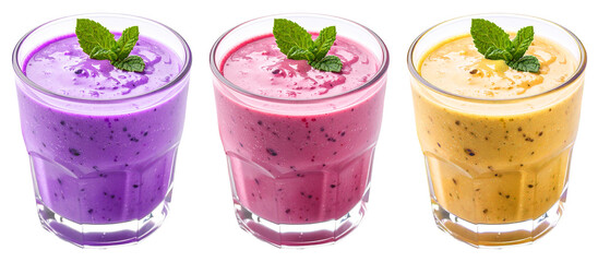 glass of purple, pink and yellow smoothies with mint leaf isolated on white background