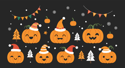 Cute smiling pumpkins wearing festive hats with falling snow and trees.