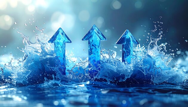 Three blue arrows emerging from water with splashes and a blurred background