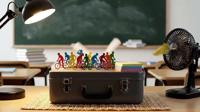 Colorful Toy Cyclists on Gray Box with Fan and Lamp on Classroom Desk in School Setting with Green Chalkboard and Desks Background Static Shot Conceptual Learning at School 199 Characters