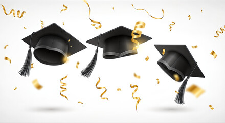 Three graduation caps with golden confetti isolated on white background celebrating graduation day