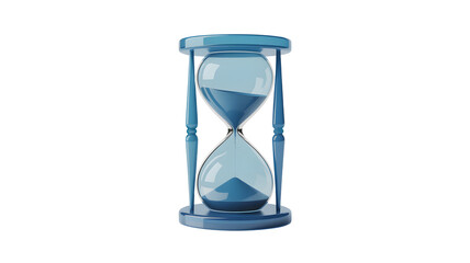 Classic blue glass hourglass with flowing sand marking the passage of time isolated on transparent background