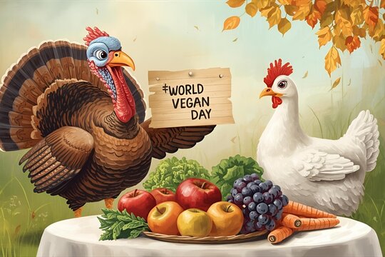 Turkey and Hen with Fruits and Vegetables Holding 'World Vegan Day' Sign – Cheerful Autumn Farm Illustration Promoting Plant-Based Living - Powered by Adobe