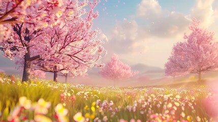 Pink cherry blossoms and flowers bloom on a field under soft lighting, evokes a fantasy scene, perfect for branding, posters, and digital backgrounds.