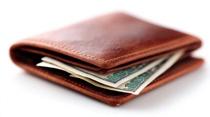 A brown leather wallet partially open, revealing several folded banknotes inside.