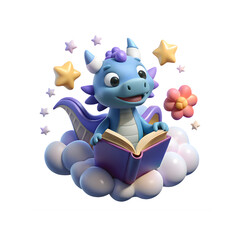 Enchanting Blue Dragon Reading Book on Cloud with Stars and Flower Cartoon Illustration Graphic Render Cute Adorable Character Education Knowledge Imagination Dream