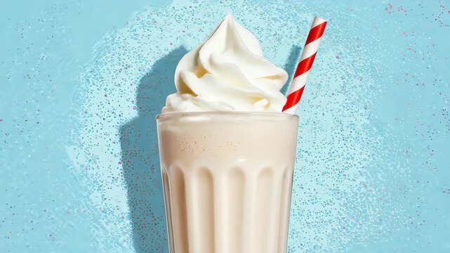 Creamy vanilla milkshake topped with whipped cream and a red striped straw