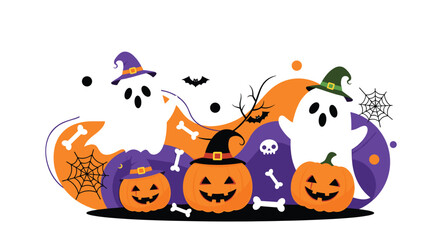 Happy Halloween with pumpkins ghosts and bats.