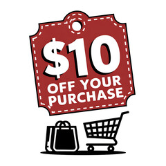Ten dollars off your purchase with shopping bag and cart isolated on transparent background