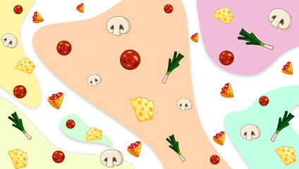 abstract illustration featuring a colorful silhouette scattered with pizza toppings, cheese, mushrooms, and scallions. Whimsical and playful stock art suitable for food themes, patterns, and creative 