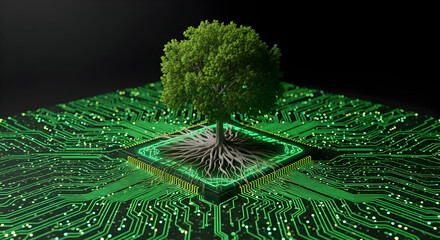 Elegant vibrant green circuit board with tree for technology concepts
