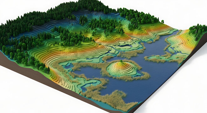 Detailed 3D topographic map showcasing natural landscape with forests, water bodies, and elevation contours