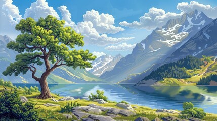 Naklejka premium Illustrative scenic landscape: depicts blue lake, mountains, stylized clouds. Use for wallpaper, artistic design, travel posters, nature backgrounds.